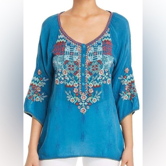 Johnny Was embroidered Muna tunic blouse size large blue - Picture 1 of 8